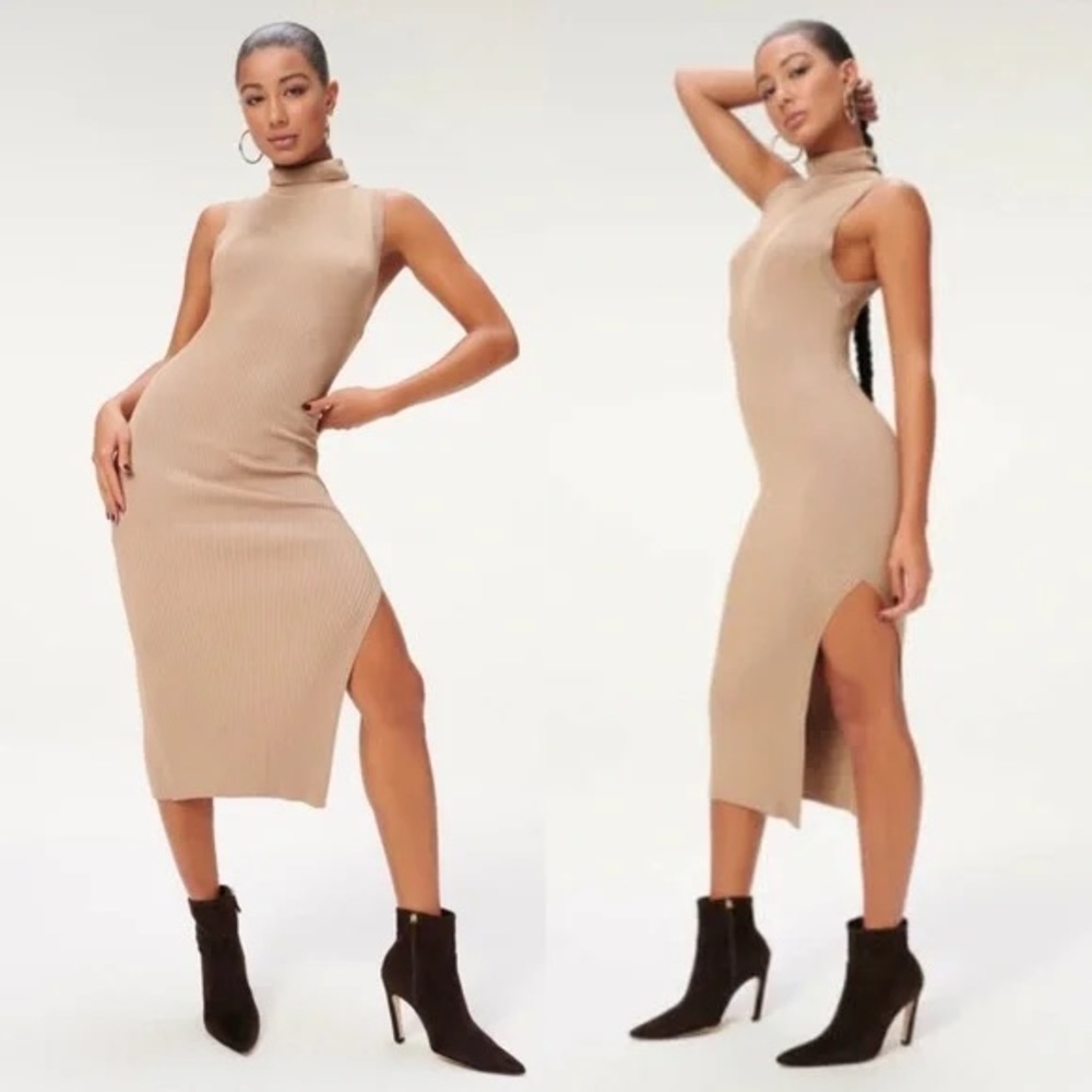 GOOD AMERICAN PLAITED RIB MIDI DRESS warm caramel